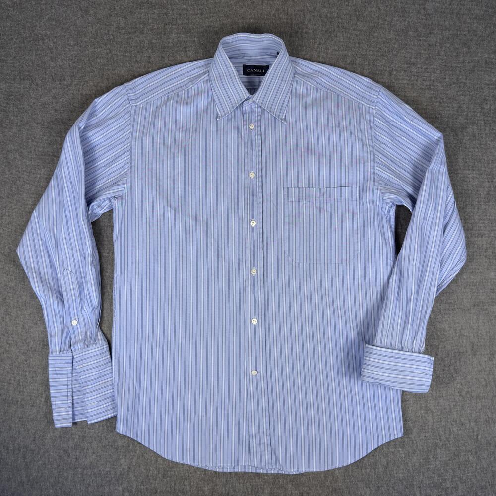 Canali Shirt Mens 15 Blue Stripe Dress Long Sleeve French Cuff Made In Italy